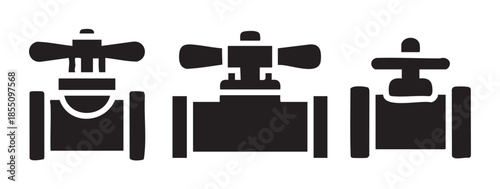 Three simple black silhouette industrial valves are depicted as vector icons, illustrating different types of plumbing and fluid control devices.