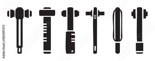 Various hammer and mallet tools icon set in a simple black and white silhouette style, representing construction and repair equipment.