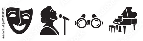 Performing arts symbols collection featuring a theatrical mask, a singer with a microphone, opera glasses, and a grand piano, representing various forms of entertainment.