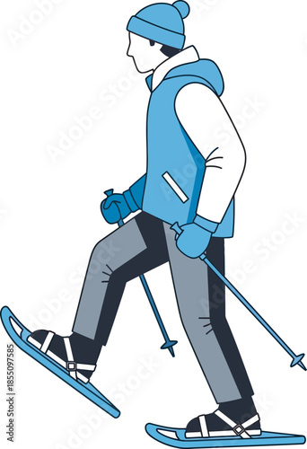 Flat line art illustration of a man snowshoeing with poles. Ideal for winter sports guides, outdoor fitness blogs, and seasonal recreation graphics featuring cold weather trekking and gear.