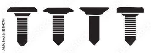 Four different types of fasteners, including nails and screws, are presented as black silhouettes, illustrating various designs for construction and carpentry projects.