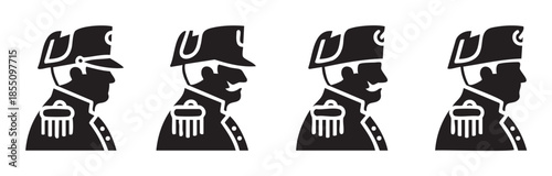 Four military officer silhouettes in historical uniform with bicorne hats and epaulets, depicting a classic profile of a commanding figure from a bygone era.