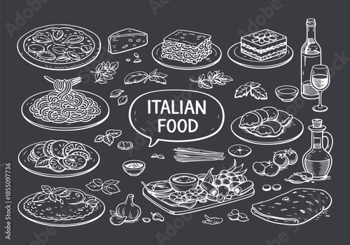 Hand-Drawn Italian Cuisine Assortment on Chalkboard