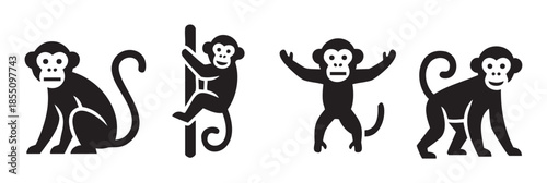 Four black monkey icons in various poses, including sitting, climbing, and standing, showcasing playful and expressive animal characters for design projects.