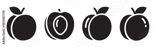 Peach and apricot fruit icons collection featuring various styles of whole and sliced stone fruits, perfect for healthy eating designs.
