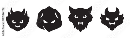 Four stylized monster faces feature spooky designs, perfect for Halloween, fantasy themes, or graphic design elements representing evil and mythical creatures.