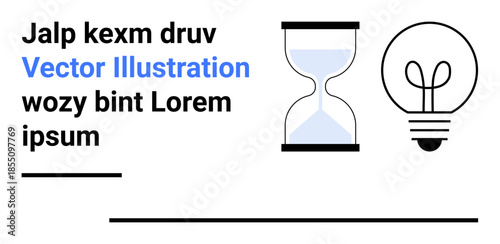 Creativity, time management, innovation, productivity, conceptual thinking, inspiration. Minimalist hourglass and light bulb icon alongside placeholder text elements. Creativity and time management