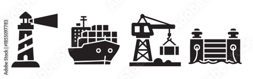 Maritime shipping logistics infrastructure vector icons set illustrating a lighthouse, cargo vessel, port crane, and dock for global trade.