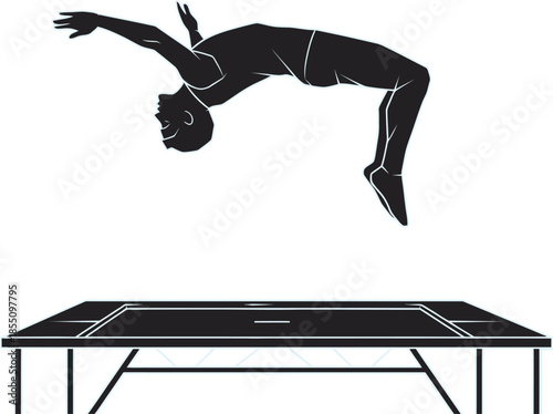 Black silhouette vector of a male gymnast executing a backflip over a trampoline. A minimalist graphic capturing the grace, power, and precision of aerial gymnastics and acrobatic rebounding.