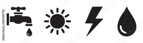 Water faucet, sun, lightning bolt, and water drop icons symbolizing crucial natural resources, sustainable energy, and environmental conservation efforts.