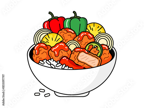 Delicious Sweet and Sour Chicken Bowl with Vegetables Rice and Pineapple