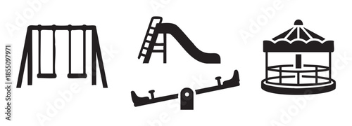 Playground equipment icons set featuring swings, slide, seesaw, and merry-go-round for children's outdoor recreation and fun activities.