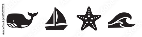 Whale sailboat starfish wave ocean themed graphic icons in a simple black and white vector illustration style, perfect for marine and nautical designs.