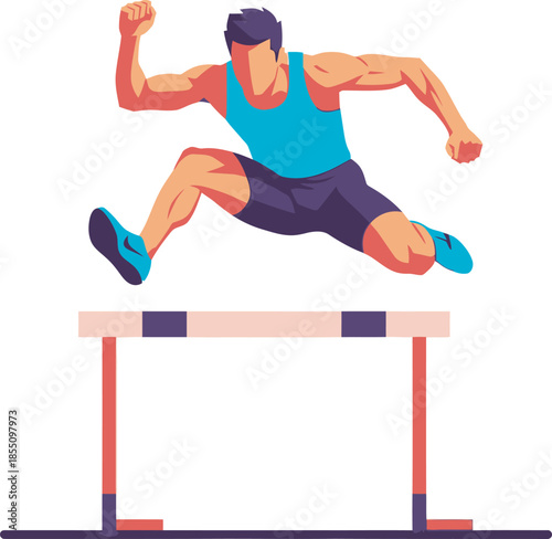 Dynamic vector illustration of a muscular male athlete jumping over a hurdle. Perfect for themes of track and field, overcoming obstacles, speed, competitive sports, and peak physical performance.