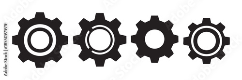 Four black gear settings icons representing mechanical processes, system configuration, and technological development in a clean, minimalist design.