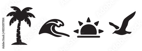 Palm tree, wave, sun, and bird silhouettes represent tropical summer vacation and beach travel concepts, perfect for graphic design elements.
