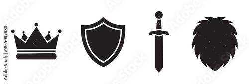 Crown, shield, sword, and hop cone icons are displayed in a set of black grunge silhouettes, evoking themes of medieval fantasy and heraldry.