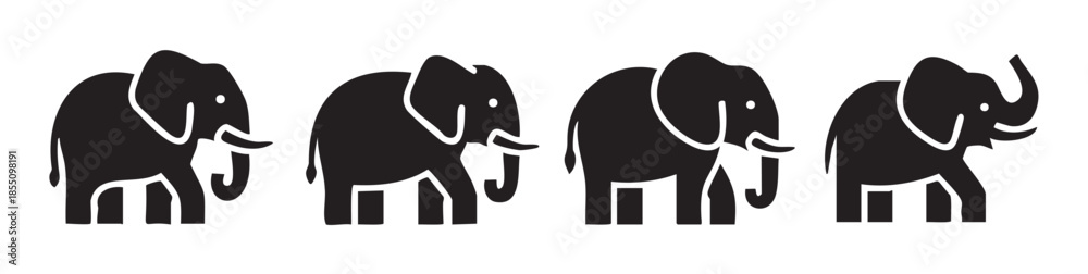 Fototapeta premium Four black silhouette elephants are depicted in a row, showcasing their iconic shapes and distinct features with a minimalist graphic design style.