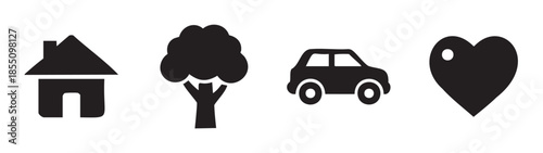 Four basic black icons depicting a house, tree, car, and heart symbol, representing fundamental aspects of modern living and well-being.