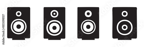 Four black speaker icons with white cones and tweeters representing audio equipment and sound systems in a modern, minimalist graphic design.