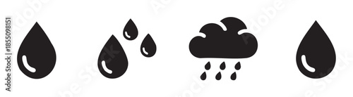 Water drops rain cloud icons set representing various liquid elements, precipitation, and weather conditions in a simple graphic style.