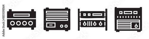 Server rack equipment icons representing various network and data devices are depicted in a clean, modern black and white vector style, suitable for technology-related designs and interfaces.