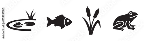 Pond life icons featuring a lily pad, fish, cattails, and a frog, representing freshwater aquatic ecosystem elements in a simple graphic style.