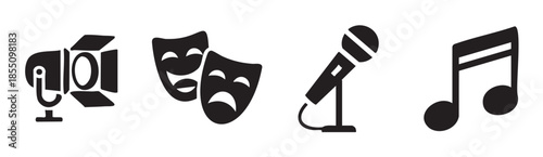 Theater masks spotlight microphone music note icons representing performing arts and entertainment industry concepts and themes for design projects.