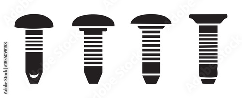 Four different types of industrial fasteners with various head shapes and grooved bodies are displayed in a simple black silhouette vector illustration.
