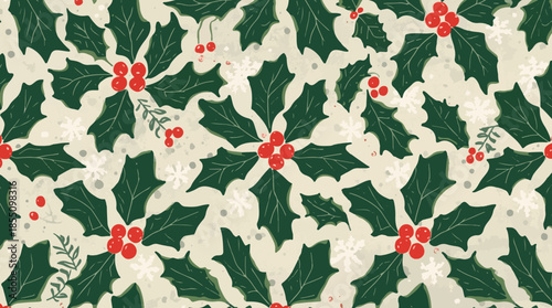 Vector illustration of a Christmas-themed fabric design featuring a prominent holly leaf motif pattern, with stylized green leaves, vibrant red berries