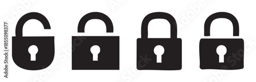 Four black padlock icons representing digital security, data protection, and access control for various online and offline systems.