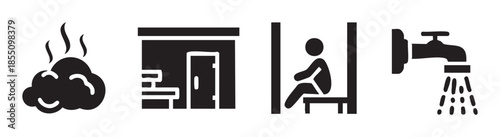 Sauna icons and spa symbols represent a collection of wellness activities including steam, relaxation, and showering for a complete self-care experience.