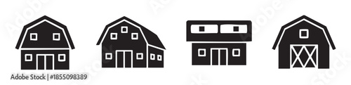Four different black and white barn building icons showcasing various farm structures and agricultural architecture, ideal for design elements and rustic themes.