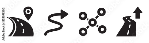 Navigation path direction network journey progress symbols representing various aspects of travel, connection, and advancement in a modern graphic style.
