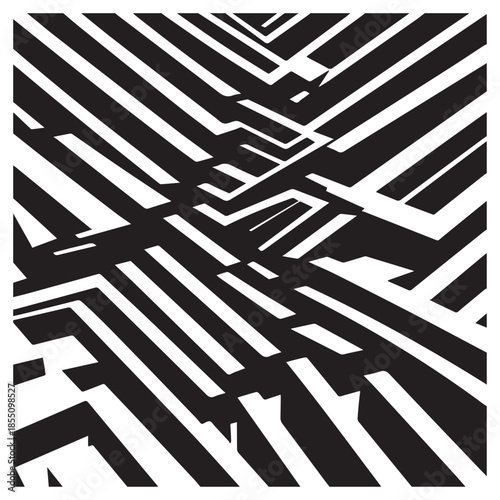 This image features an intricate and mesmerizing pattern composed of intersecting black and white lines.