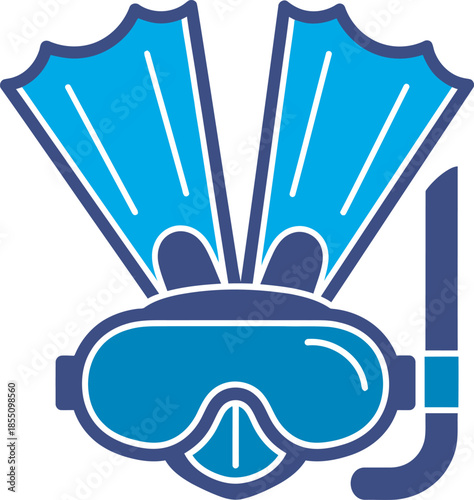 High-quality blue snorkeling gear icon featuring a diving mask, swim fins, and snorkel tube. Professional vector graphic ideal for summer vacation, water sports, and tropical travel design projects.