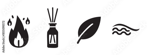 These natural elements and aromatherapy symbols represent a harmonious blend of fire, fragrance, nature, and water for well-being.