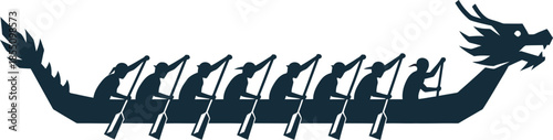 High-quality dragon boat silhouette featuring a synchronized team of paddlers. Ideal for festival branding, competitive sports graphics, and cultural designs representing teamwork and strength.
