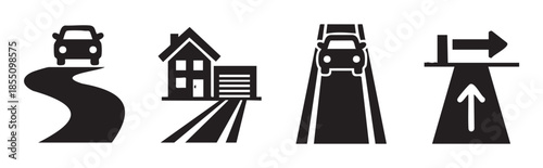 Car and road navigation icons representing travel, home, and various routes for transportation, journey planning, and destination arrival.