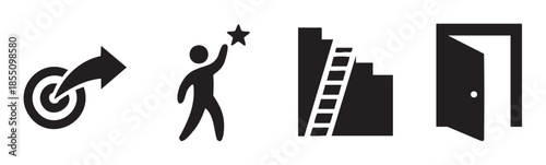 Goal setting, ambition, progress, opportunity, and achievement concepts are visually depicted with a series of simple black and white graphic symbols.