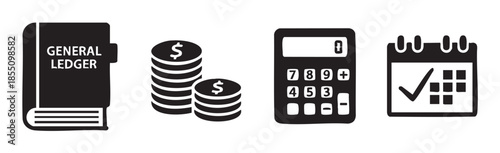 Financial accounting ledger, money, calculator, and calendar icons representing business management, budgeting, and financial planning for companies and individuals.
