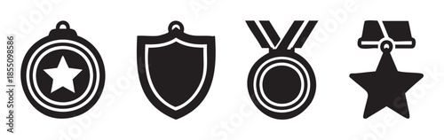 Awards medals badges and shields vector illustration set representing honor, achievement, and recognition in a clean, modern black and white icon style.
