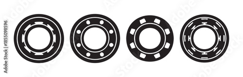 Four different types of bearings are displayed in a clean, minimalist black and white icon set, representing various mechanical components and industrial parts.