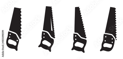 Four hand saws in black silhouette style are arranged vertically, symbolizing essential tools for carpentry, construction, and various do-it-yourself projects.