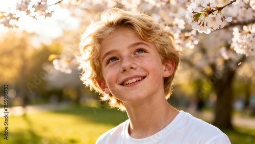 Happy Boy Looking Up At Sky Outdoors