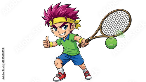 Cartoon Boy Playing Tennis with Racket and Ball Illustration