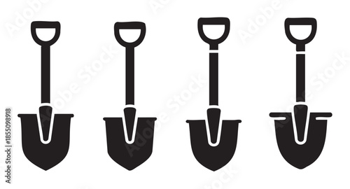 Four garden shovels are depicted as simple black silhouette icons, representing essential tools for digging, planting, and various outdoor construction tasks.