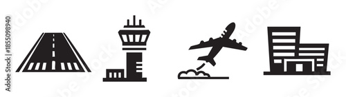 Airport elements and aviation symbols are depicted as a collection of black silhouette icons representing essential travel infrastructure.