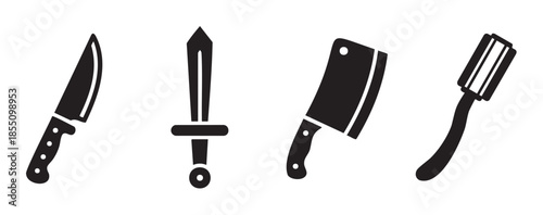 Various cutting tools and weapons icons including a knife, sword, cleaver, and sharpening steel are presented in a simple black silhouette style.