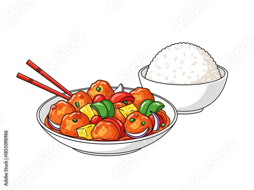 Sweet and Sour Meal with Rice and Chopsticks Asian Cuisine Food Art